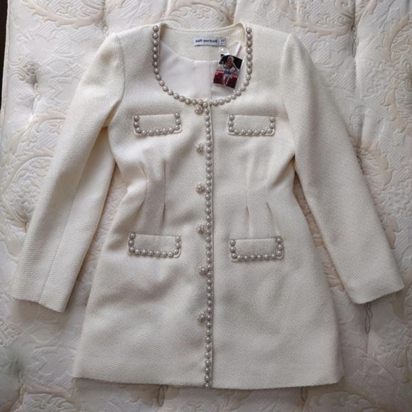 NWT Self-Portrait Boucle Tailored Mini Dress in Cream Women's size 8 - Picture 2 of 11